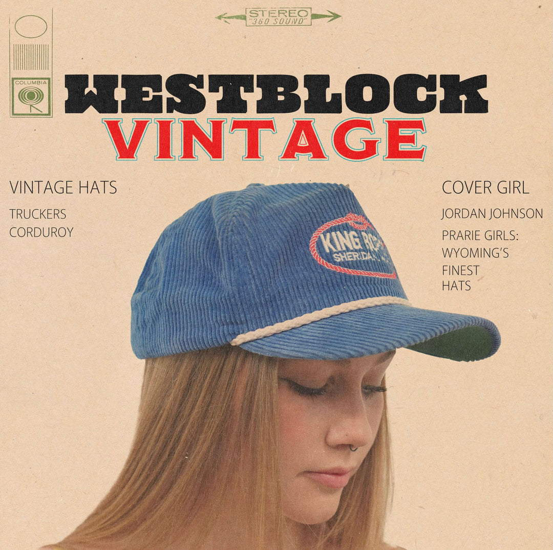  King Ropes Sheridan, Wyoming, blue corduroy vintage rope hat with classic rope detailing, from West Block Vintage—ideal for collectors of authentic Western trucker hats.