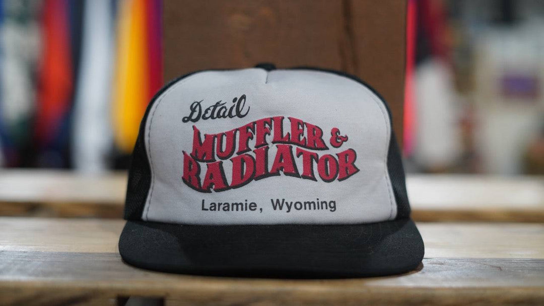 1990s Vintage Mesh Trucker Hat- Detail Muffle $ Radiator Wyoming Snapback - West Block Vintage