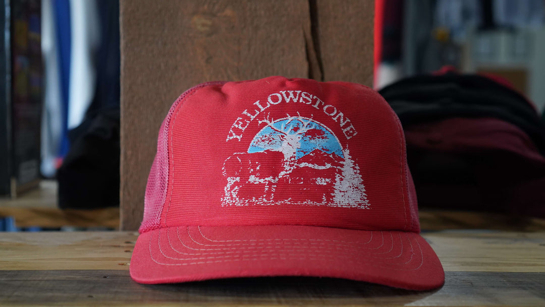 Yellowstone Elk red country trucker hat with Elk embroidery, from West Block Vintage—perfect for lovers of wildlife-inspired trucker hats.