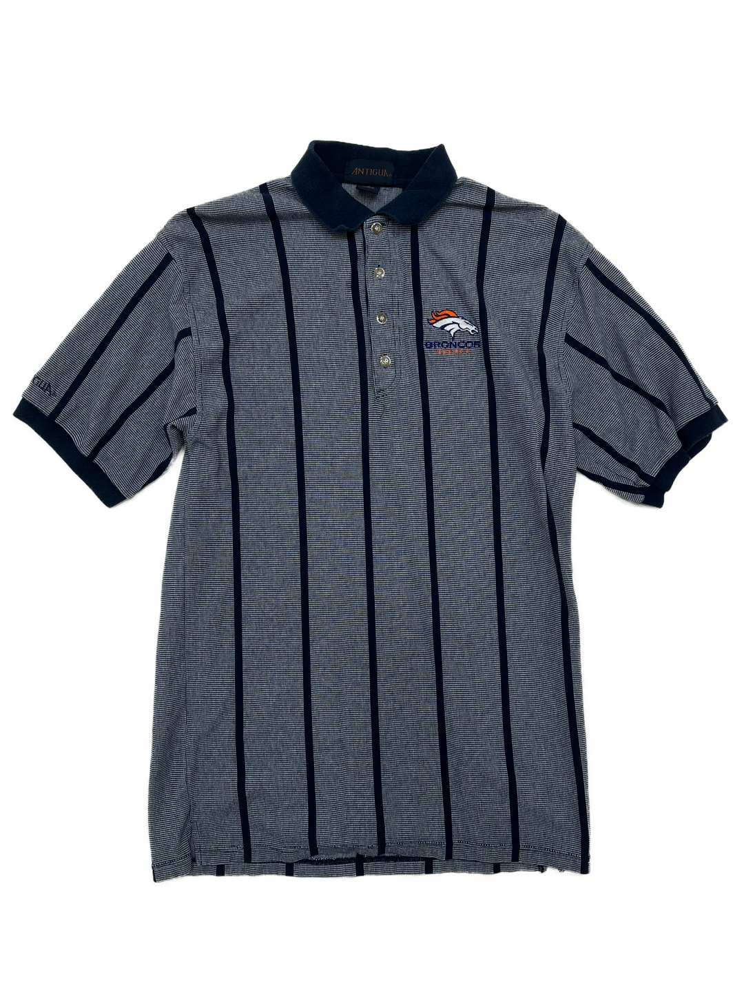 Vintage blue-striped Denver Broncos NFL polo shirt in medium from West Block Vintage, featuring classic 90s design with the Broncos logo, ideal for fans and collectors.