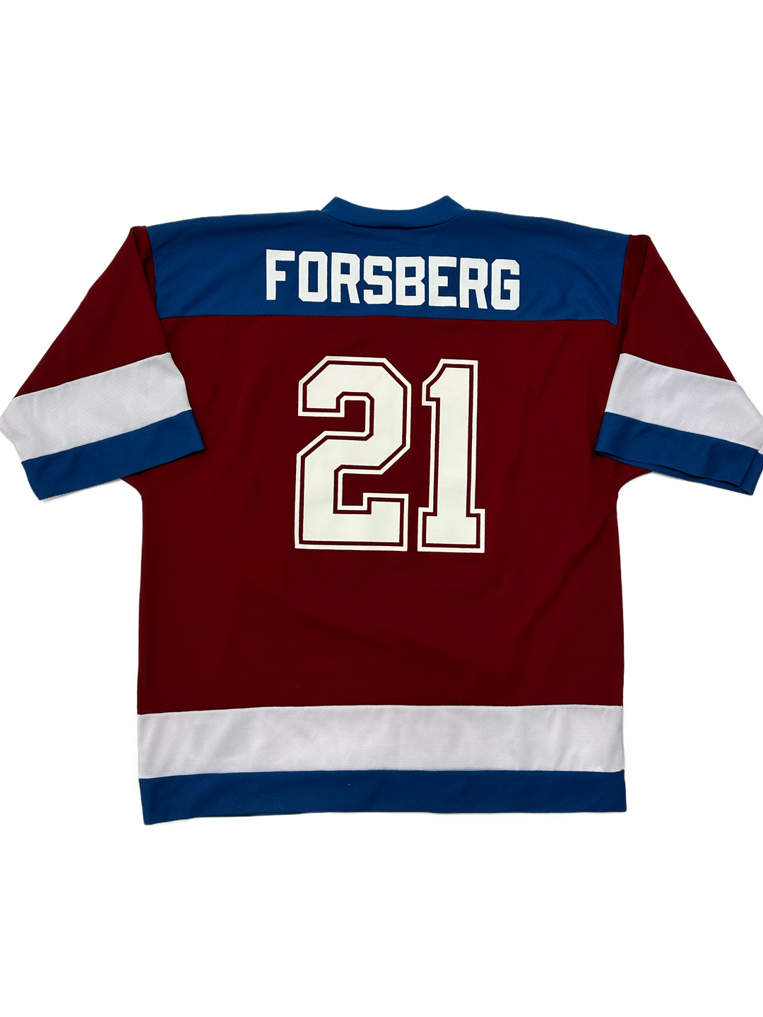 1990s Colorado Avalanche jersey featuring #21 Peter Forsberg, from West Block Vintage. The jersey showcases the team's classic colors and Forsberg's name, embodying the 90s hockey spirit.